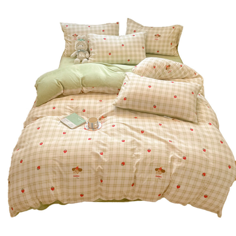 Milk Velvet Bed Four-Piece Set Thickened Warm Double-Layer Yarn Plus Velvet Quilt Cover Bed Three-Piece Set Autumn and Winter Bed Sheetss and Fitted Bed Sheetss