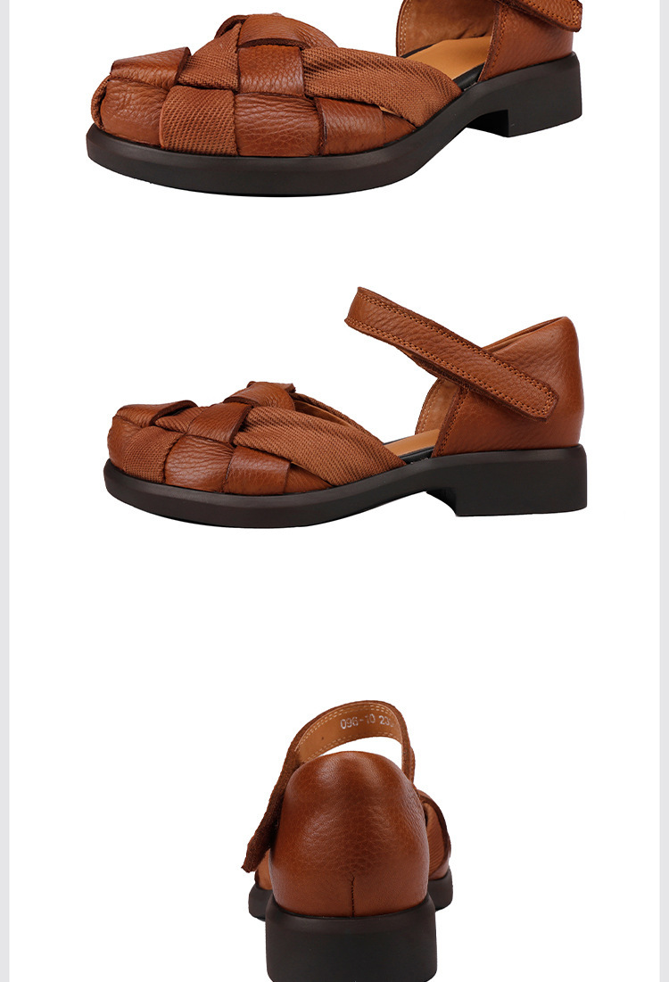 Sandal nữ quai ngang bít mũi đan dây đế mềm da bò — màu đen, Màu nâu