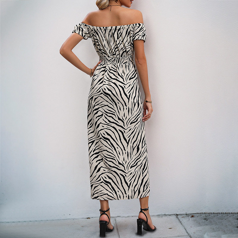 Zebra Print Puff Sleeve Off Shoulder Dress High Slit Elegant Design Perfect for Parties and Events Wholesale Available