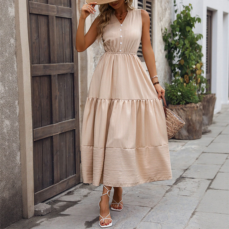 High Waist Sleeveless Maxi Dress Simple Style Solid Color Comfortable Fit Casual Wear for Summer OEM Available