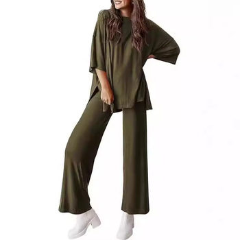Cross-border Foreign Trade Amazon temu202 Women's Fashion Casual Round Neck Loose T Side Pocket Pajamas suit