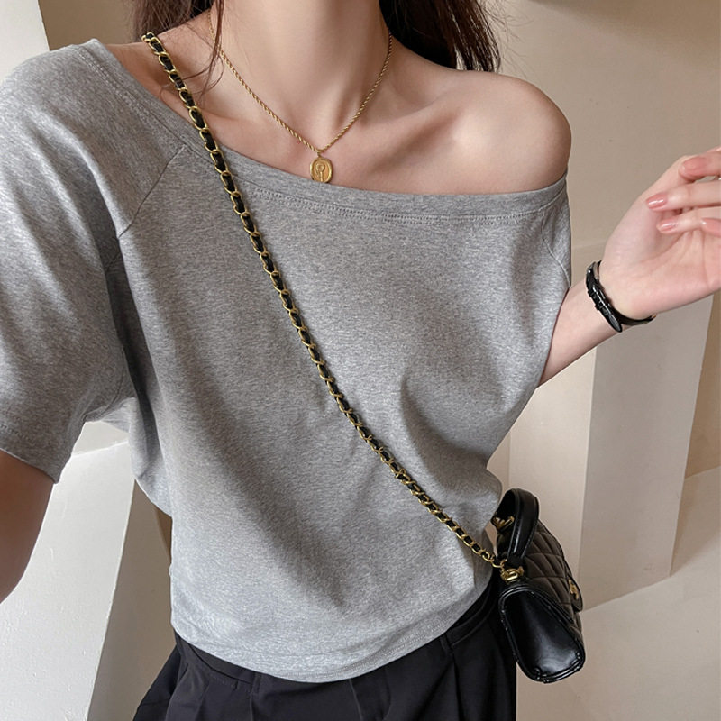 one-shoulder off-shoulder gray loose short-sleeved t women's...