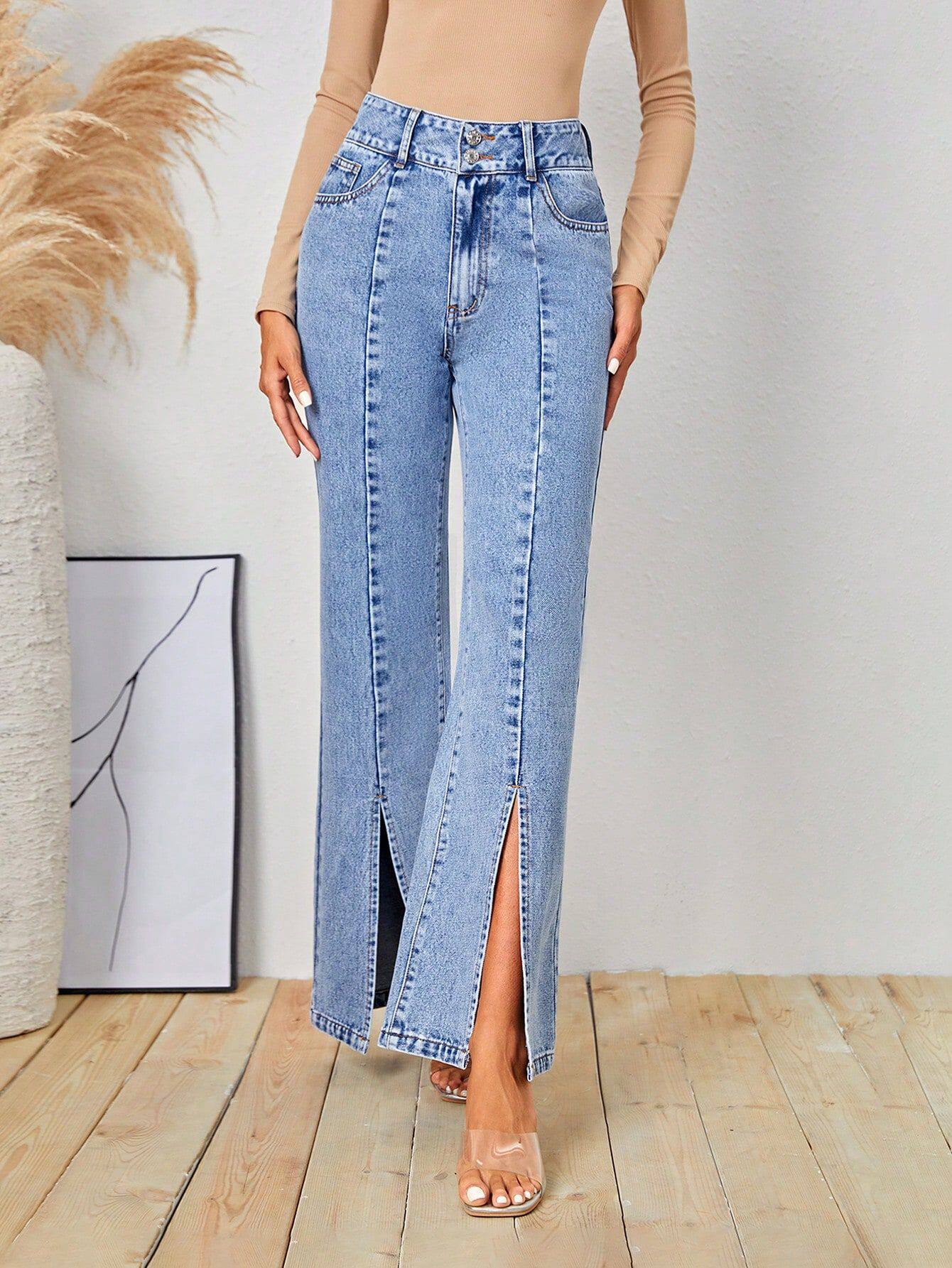 Womens Slim Fit High Slit Denim Pants Stylish Design Trendy Look Comfortable Fabric Perfect for Casual Outings