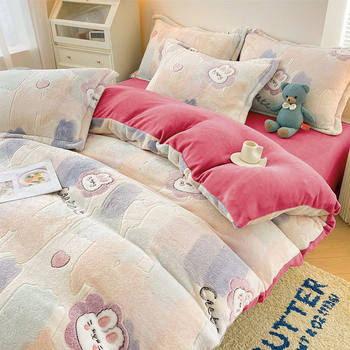 Milk Velvet Four-Piece Set Thickeneded Warm Double-Sided Velvet Coral Velvet Quilt Cover Flannel Three-Piece Set Student Dormitory Single