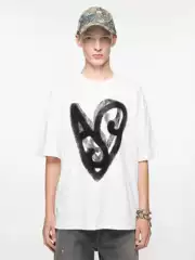 2025 Summer New Arrival Limited Edition Cotton Short Sleeve T-Shirt with Heart Graffiti Print, Flocked Letter Embroidery, Round Neck, Loose Fit