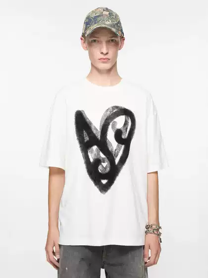 2025 Summer New Arrival Limited Edition Cotton Short Sleeve T-Shirt with Heart Graffiti Print, Flocked Letter Embroidery, Round Neck, Loose Fit