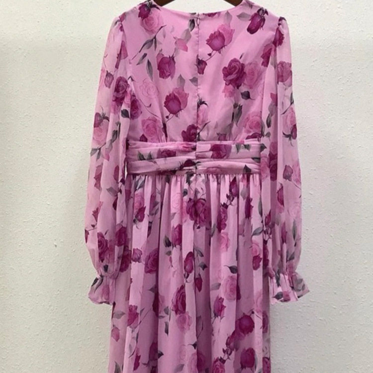 Elegant French Style Maxi Dress for Women High End Waist Defining Slim Fit Floral Print Chiffon Fabric Perfect