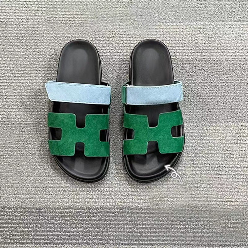 24 Summer New Slippers Women's Foreign Trade plus size All-match Thick Bottom One-word Velcro Solid Color European and American Casual Sandals Women