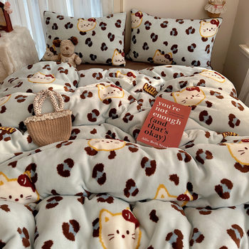 Class A Winter Milk Velvet Four-piece Set Ins Thickened Warm Student Three-piece Set Cartoon Dormitory Home Bed Sheet Quilt Cover