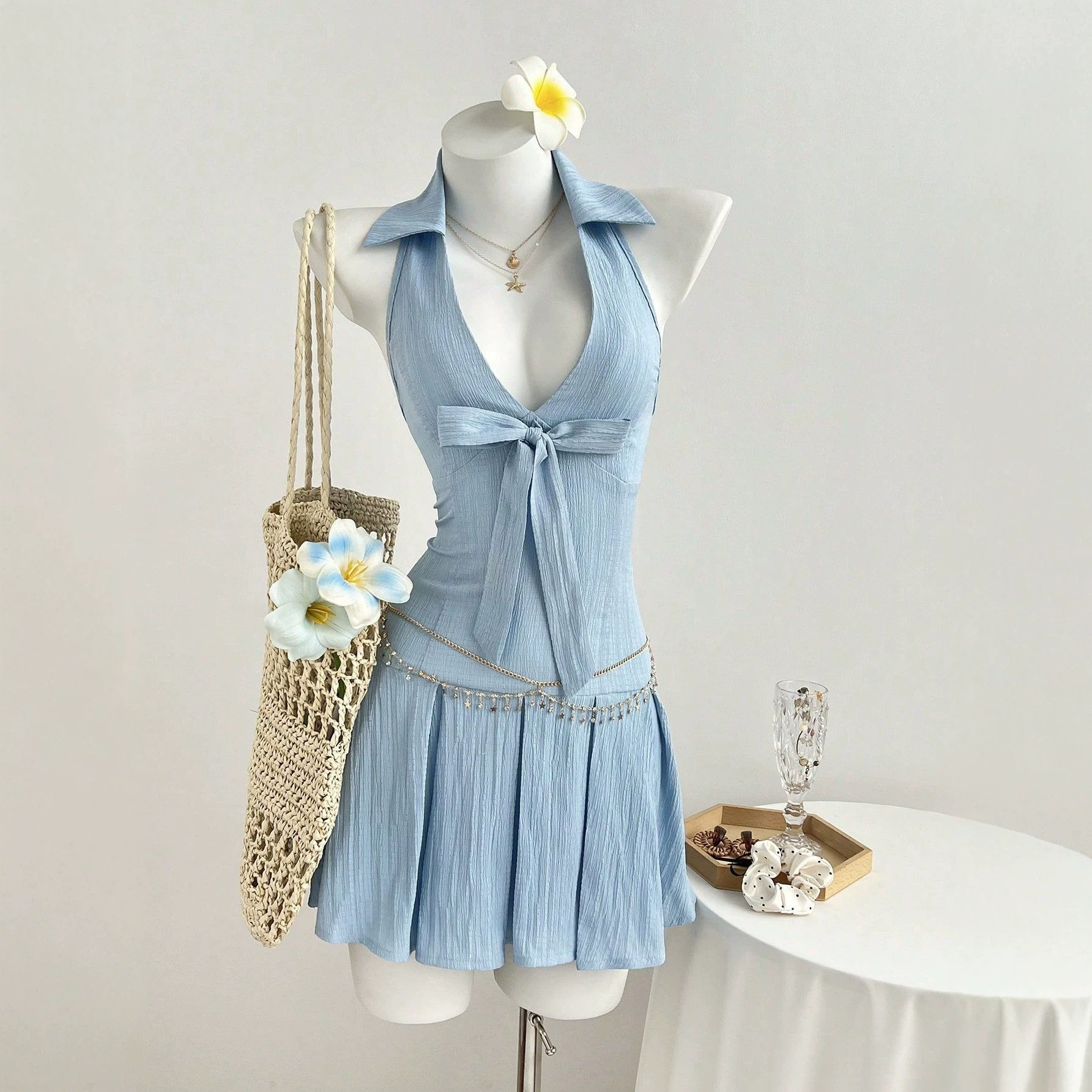 Summer Womens Short Dress V Neck Bow Tie Waist Defined Casual Wear for Parties or Outings Ready to Ship