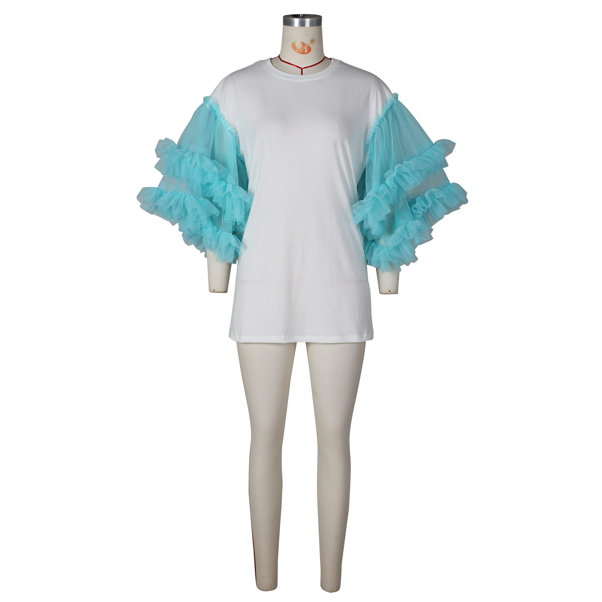 2023夏季新款欧美女装时尚休闲宽松拼接网纱袖纯色T恤裙跨境电商