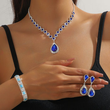 Cross-border supply of Europe and the United States hot white color blue green red water drop crystal necklace earrings suit jewelry 4-piece set