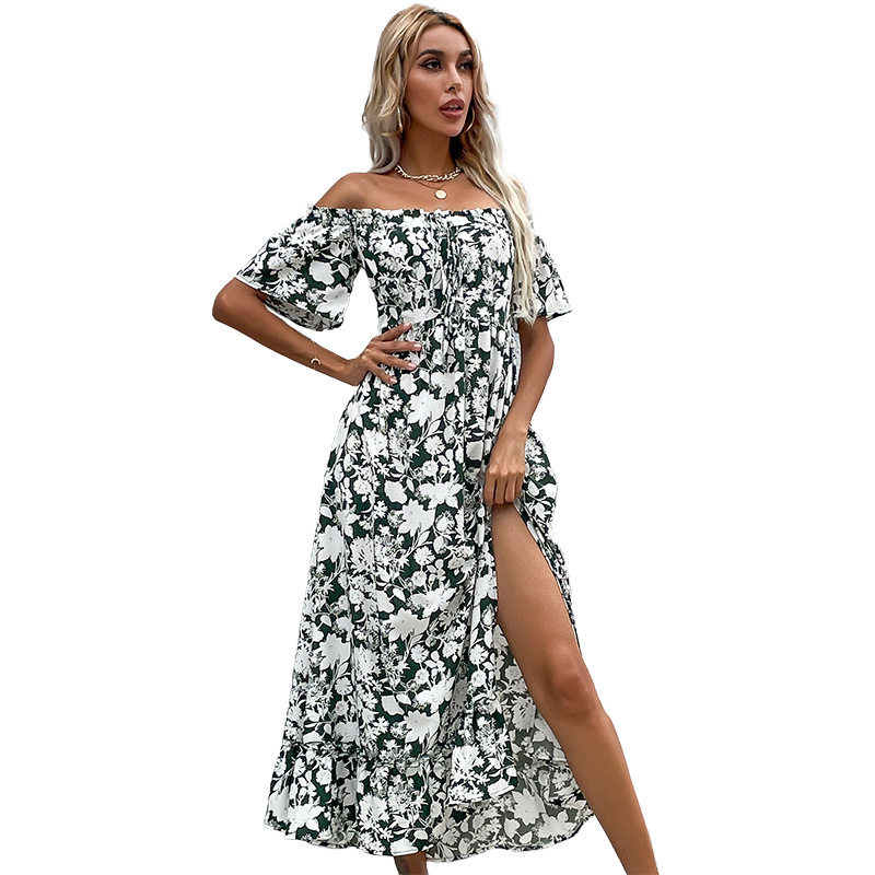 Summer Floral Off Shoulder Midi Dress Slim Fit Short Sleeve Waist Defining Casual Wear Wholesale Available