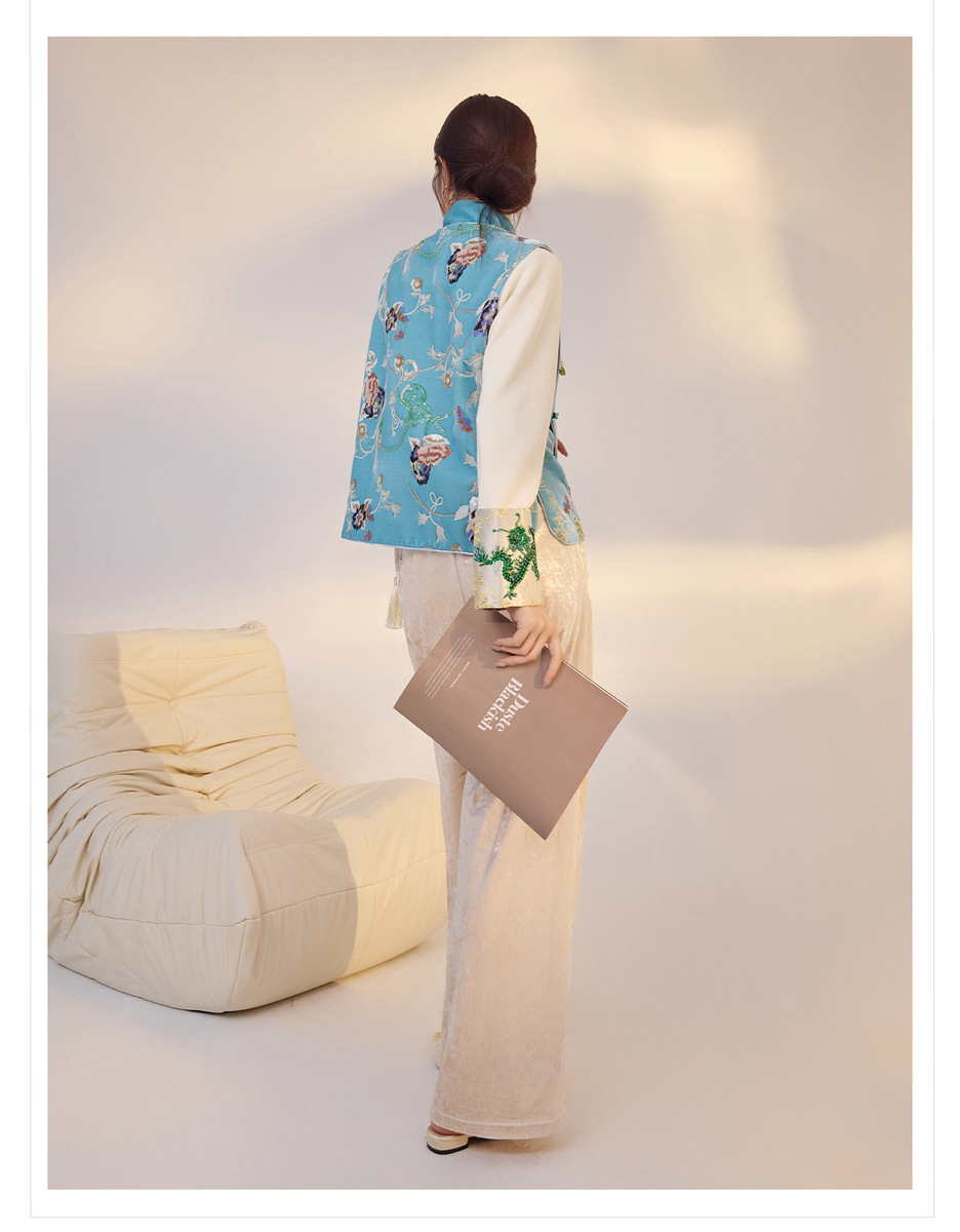 Áo vest nữ dáng ngắn thêu hoa chất liệu satin phối sequin — Màu xanh da trời (giao hàng trong 7 ngày), Màu xanh da trời (phát hành cùng ngày)