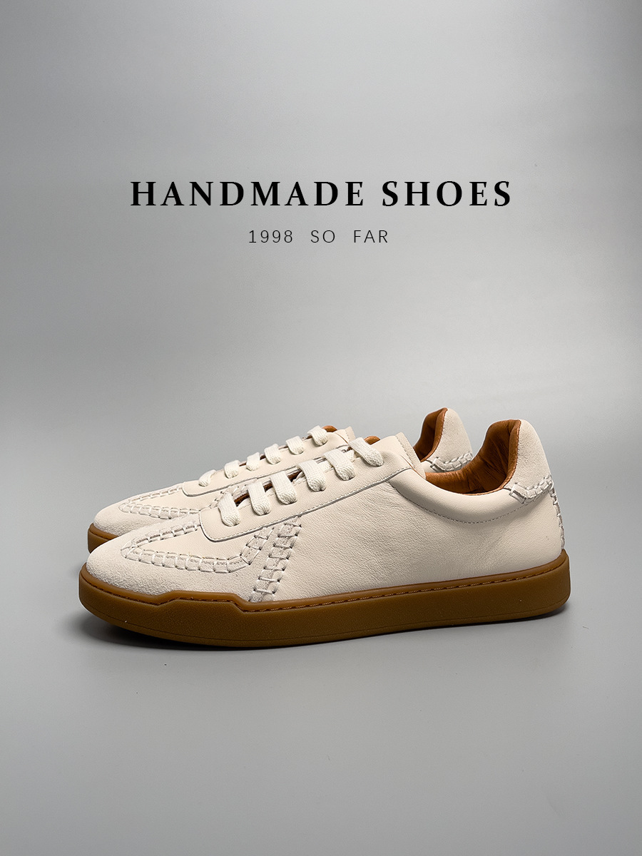Giày sneaker nam da bò thật cao cấp đế thấp kiểu bóng chày — Màu Be [tỷ lệ chất lượng trên 1000]