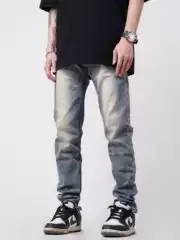 Men's Jeans American Street Straight Washed Retro Casual Denim Men's Trendy Floor-Length Denim Trousers