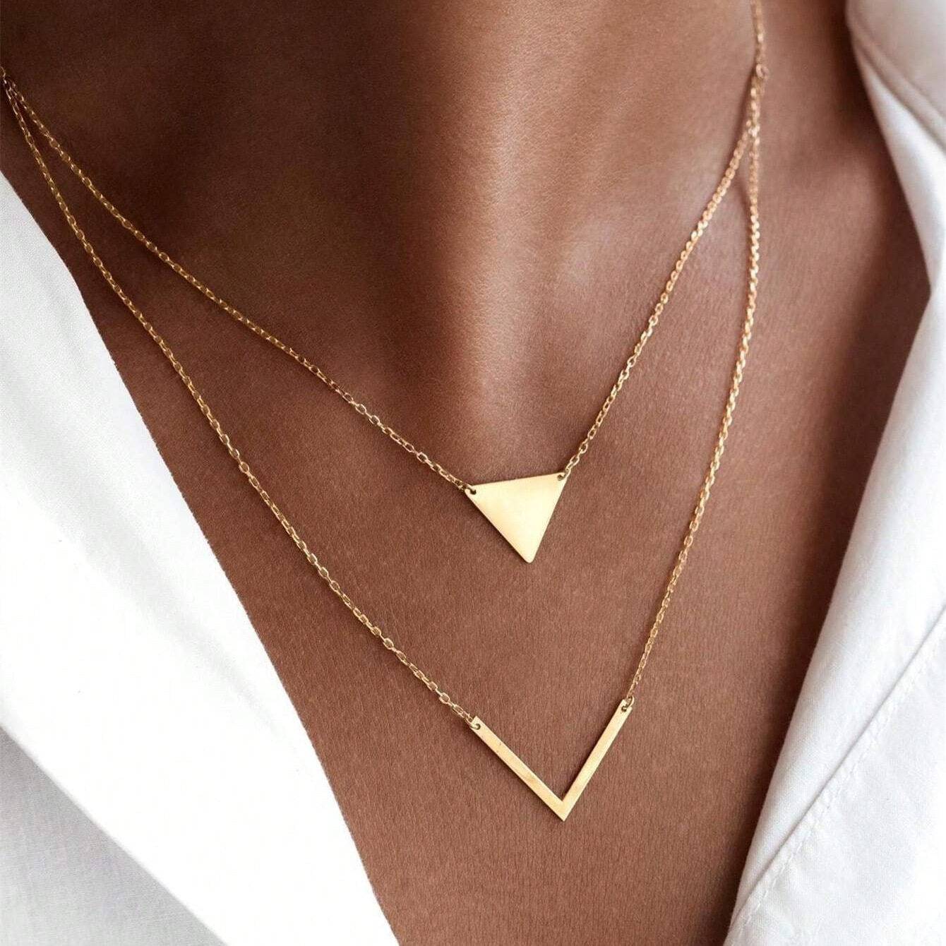 simple and elegant geometric triangle V-shaped pendant double layer necklace exquisite clavicle chain