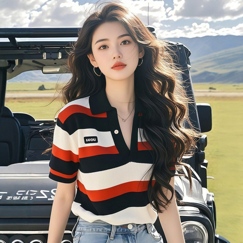 条纹冰丝短袖T恤女2025新款夏季爆款polo领针织衫超好看独特上衣