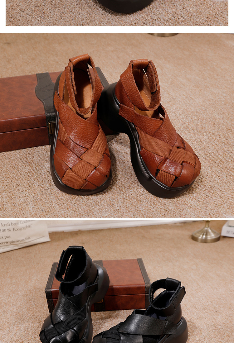 Sandal nữ đế dày thủ công da bò bện dây — màu đen, Màu nâu