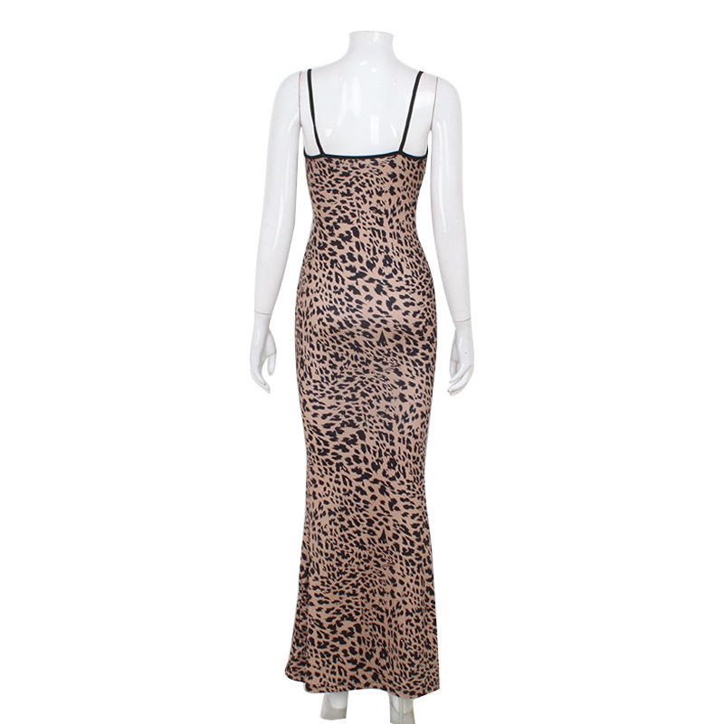 Fashionable Leopard Print Dress for Women Low Cut Neckline Lace Trim Backless Design Perfect for Parties and Night