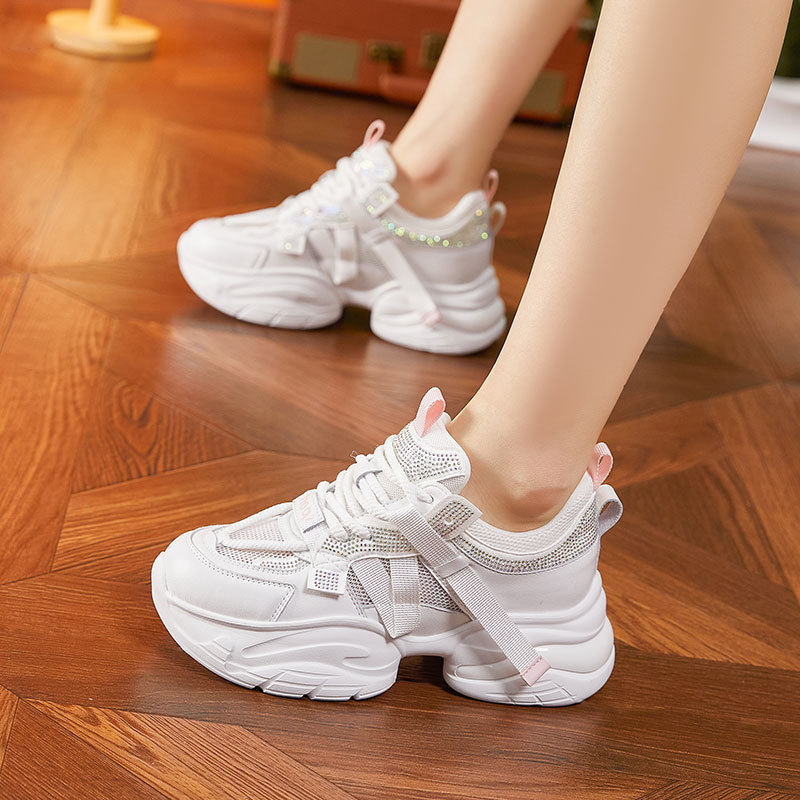 Giày sneaker nữ chunky đế dày rhinestone lưới thoáng khí — Trắng, Bột trắng