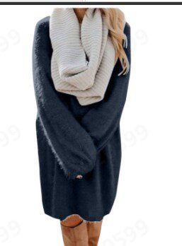 Long Sleeve Plush Midi Dress Loose Fit Round Neck Soft Fabric Fall Winter Fashion Wholesale Available