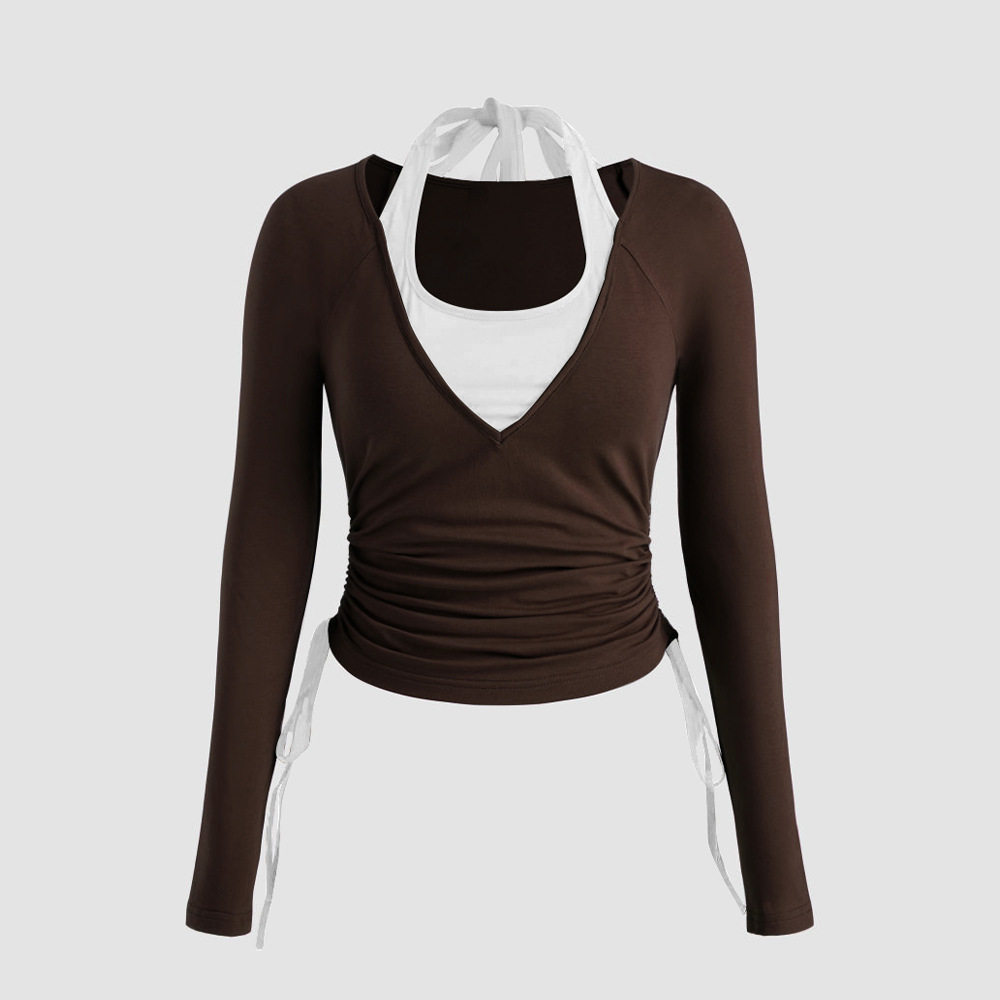 Slim Fit Color Block Long Sleeve Knit T Shirt Stylish Versatile Design Autumn Winter Collection Wholesale Available
