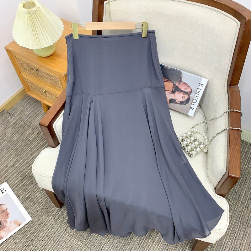 Chân váy nữ hai lớp voan lụa ghép nối gấu váy bất đối xứng — Đen kinh điển, Đồ thiếc xám, Hồ đào nâu đậm, Trắng xương