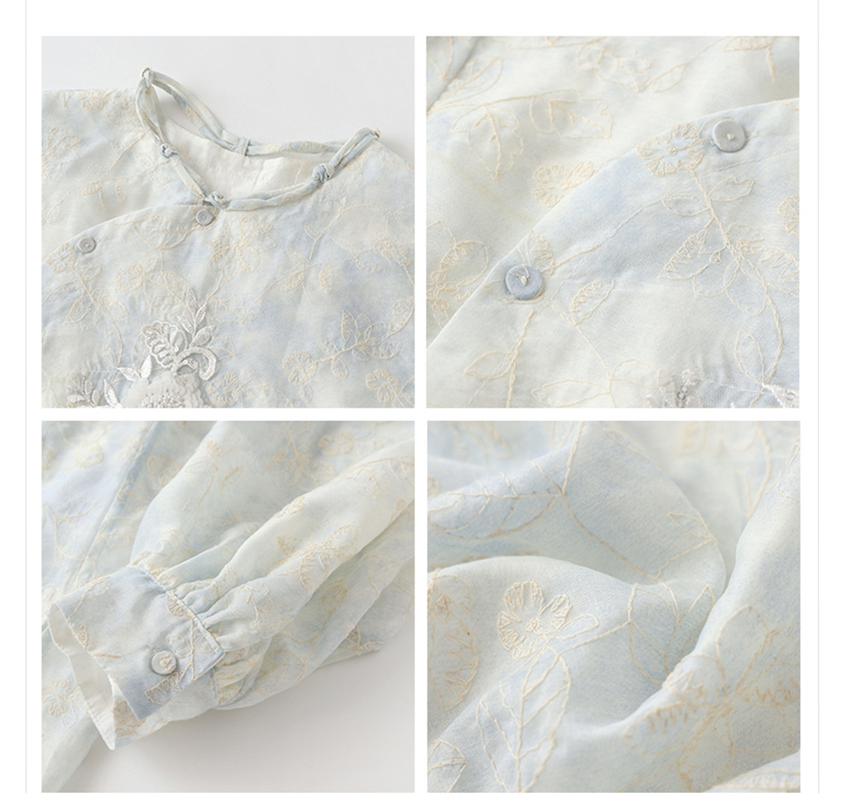 Áo sơ mi nữ dài tay thêu hoa cổ tròn phong cách thanh lịch — Cloud Water Blue (Giao hàng ngay hôm nay), Cloud Water Blue (Giao hàng trong 7 ngày)