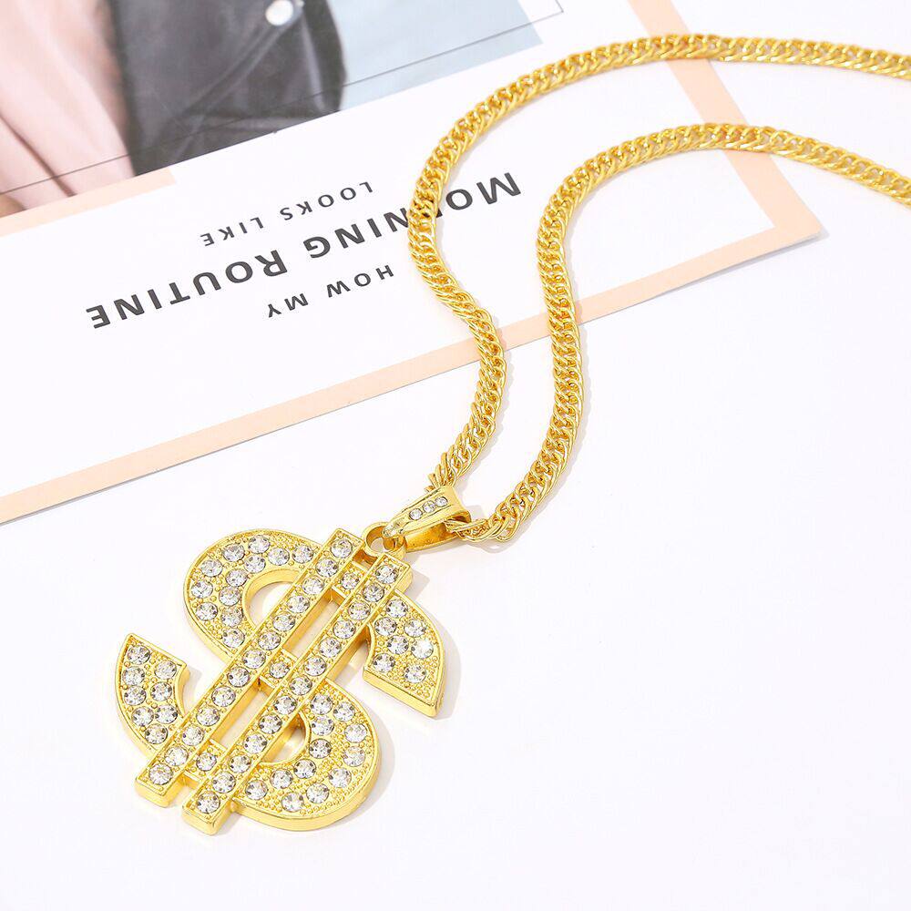 European and American cross-border jewelry retro hip-hop gold chain dollar symbol necklace men's and women's dollar symbol diamond pendant