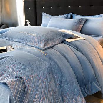 Light Luxury Embroidered Quilt Baby Velvet Four-Piece Set High-End Baby Thickened Milk Coral Velvet Quilt Cover Bedding Set