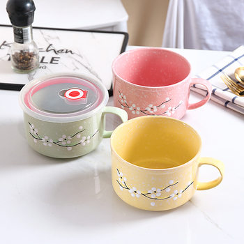Plum Blossom Glaze Ceramic Instant Noodle Bowl with Cover Bowl with Handle Bowl for Work in Student Dormitory Microwave Gifts
