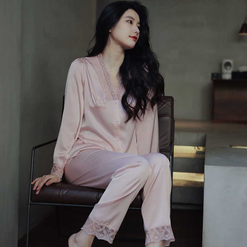 2022年新款睡衣女春秋夏季冰丝绸长袖ins风甜美大码家居服供直播