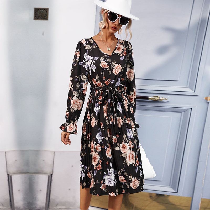 Printed Long Sleeve Dress Pleated Design Mid Length Fashionable for Women Perfect for Casual or Formal Occasions