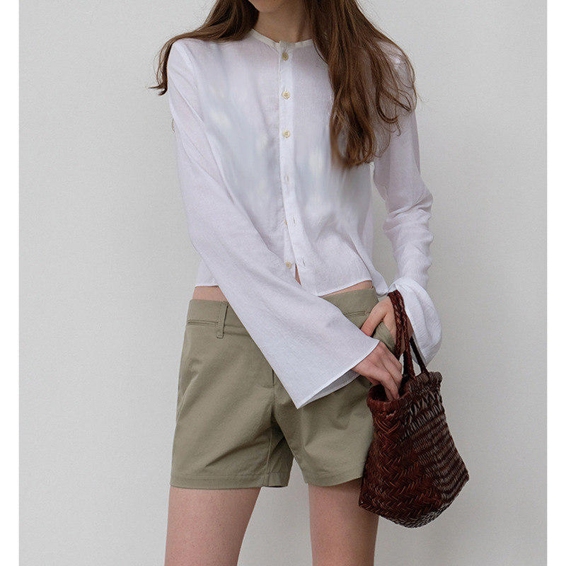 Áo sơ mi nữ linen phối gai dệt thêu họa tiết hạt gạo dáng suông tay dài — trắng