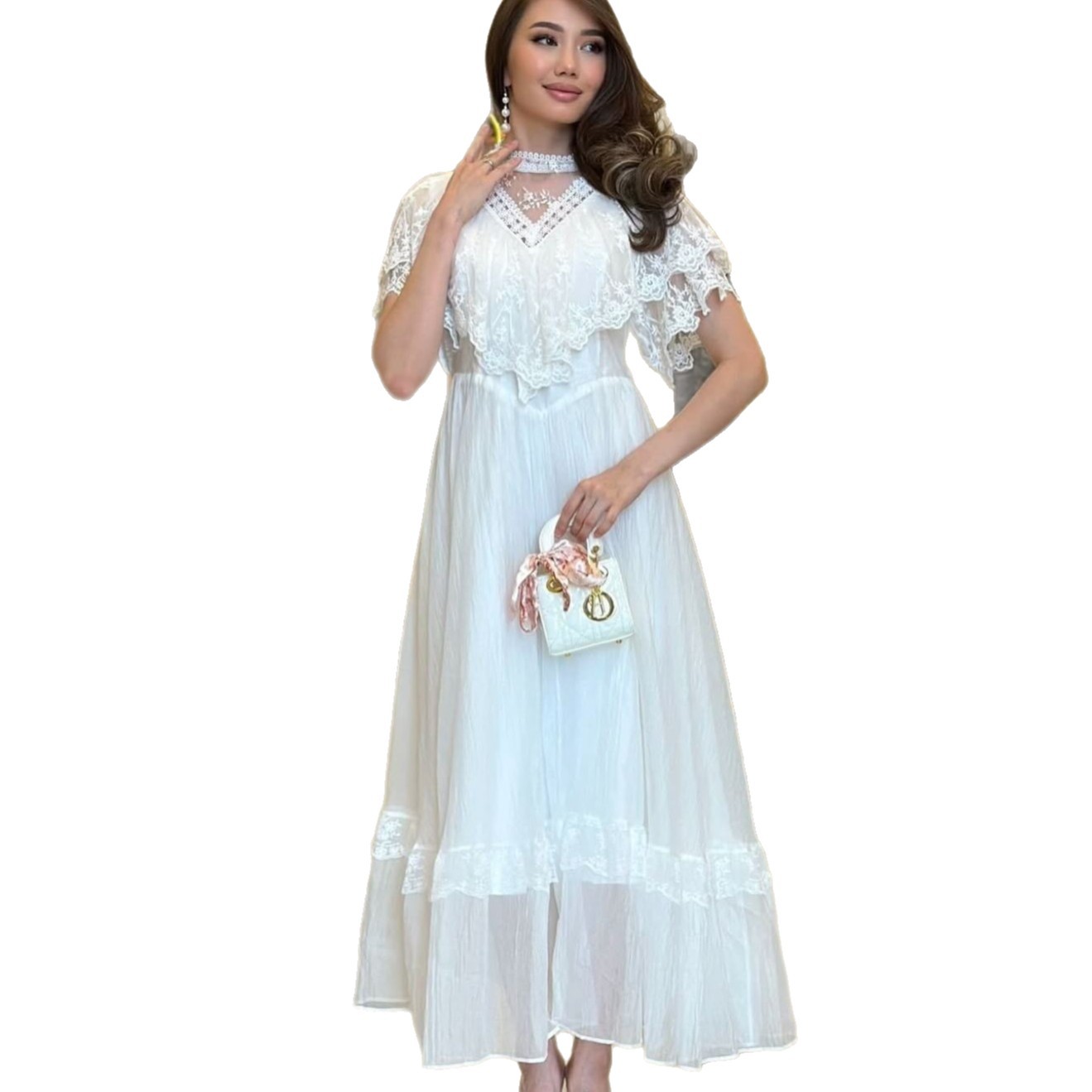 Elegant Vintage White Lace Panel Maxi Dress Lightweight Flowing Summer Style Perfect for Parties and Special Occasions