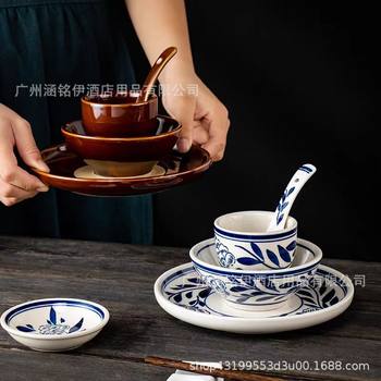 Hunan Cuisine Northern Cuisine Hand-painted Ceramic Tableware Soil Restaurant Countertop Four-piece Hot Pot Restaurant Oil Dish Dining Bowl