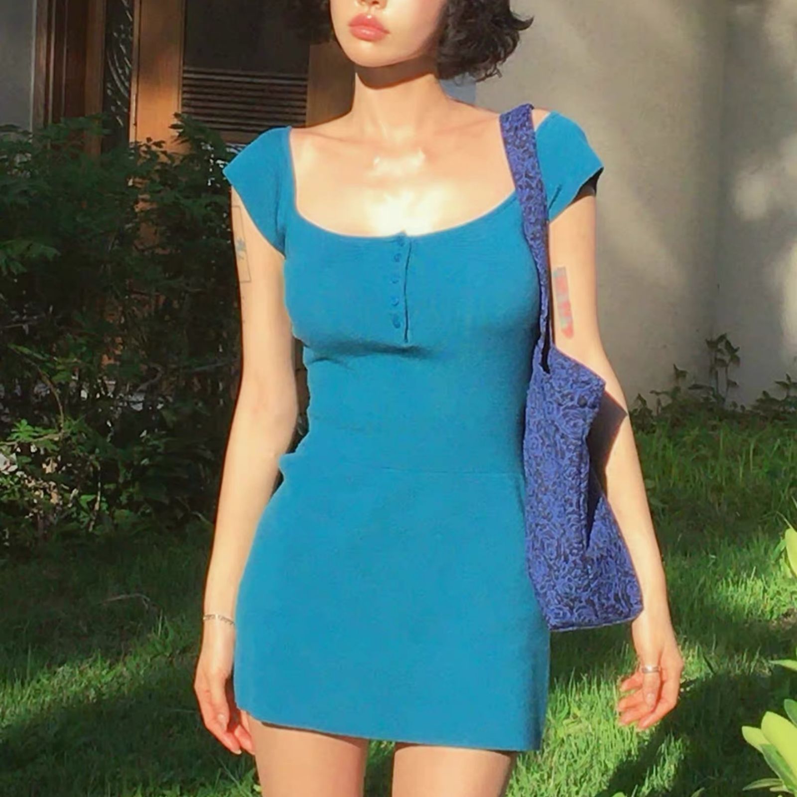 Summer Womens Knit Dress Sexy Square Neck Slim Fit Korean Style Perfect for Parties or Casual Outings OEM Available