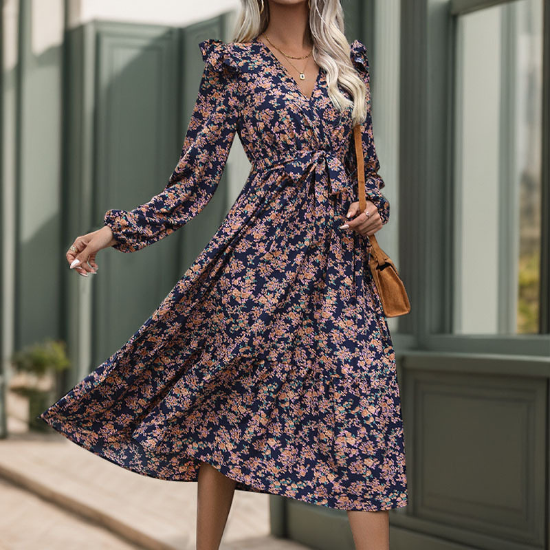 Floral Print V Neck Long Sleeve Dress Ruffled Hem Autumn Style Womens Fashion for Casual Occasions Wholesale