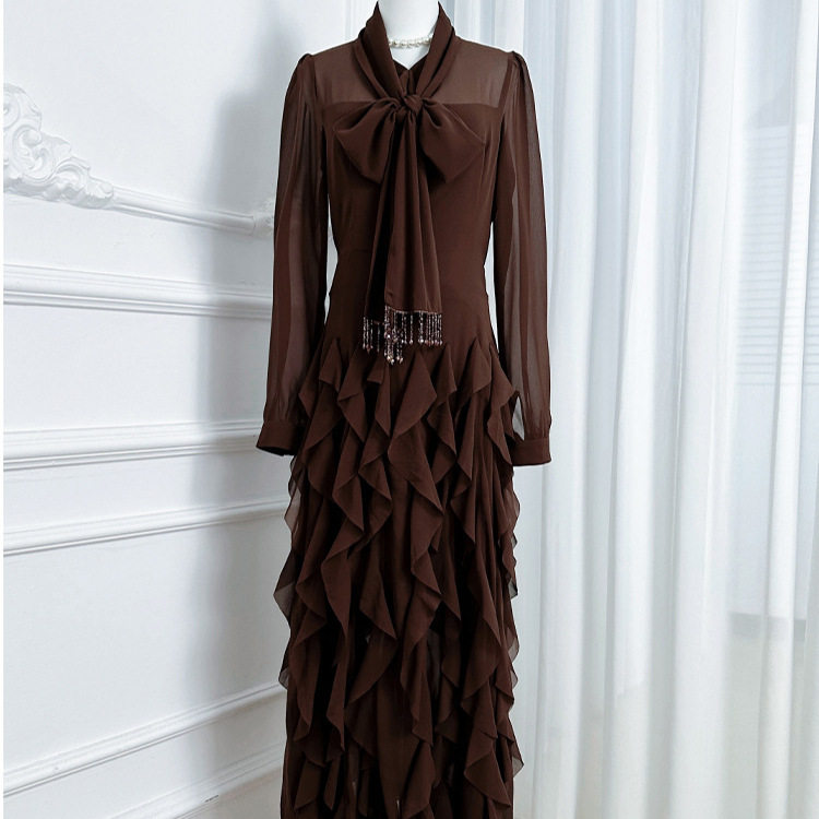 French Elegant Long Sleeve Dress with Bow Tie Ruffled Hem Waist Cinching Design Autumn Fashion for Women Wholesale