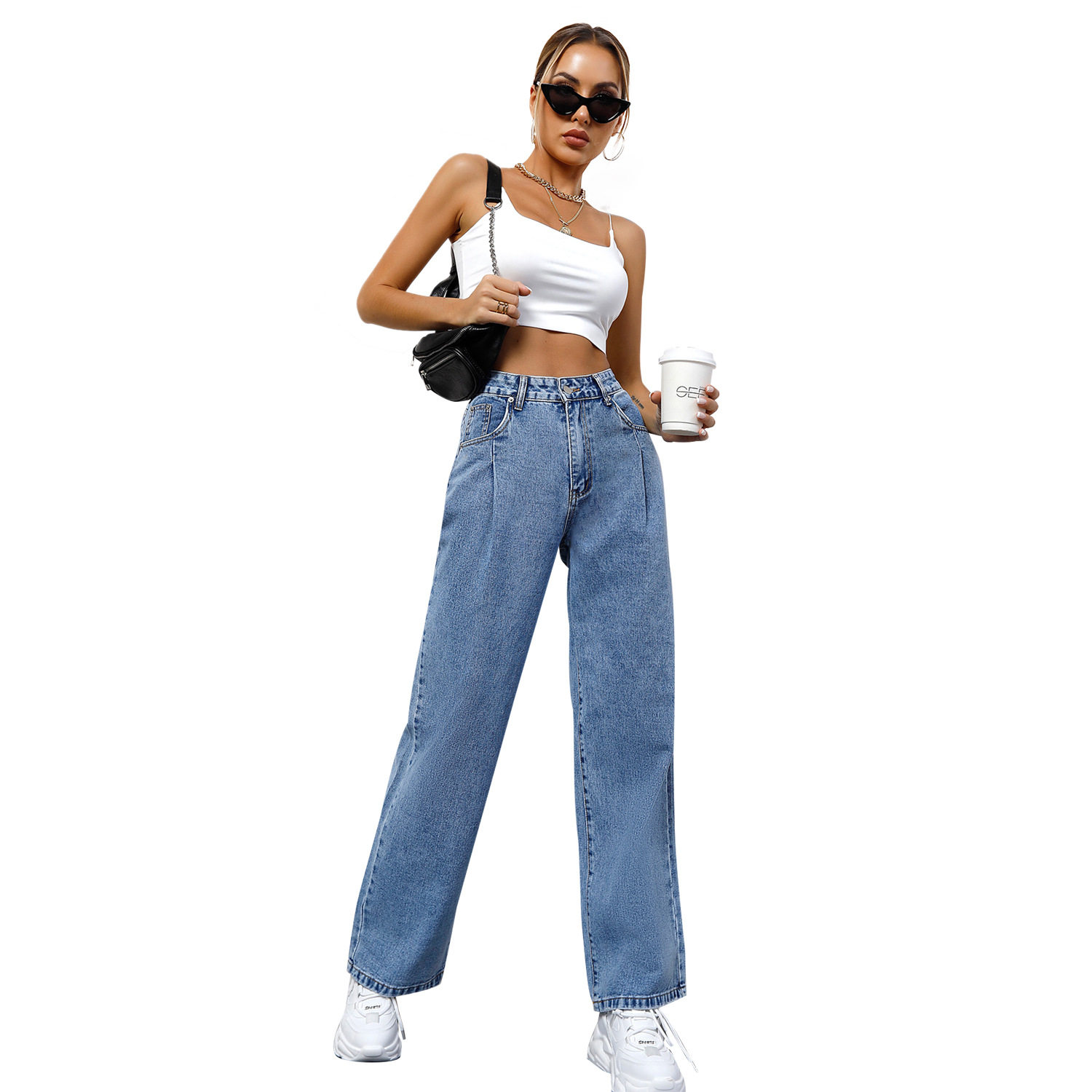High Waisted Wide Leg Jeans Loose Fit Slimming Design Casual Style Perfect for Everyday Wear Wholesale Available
