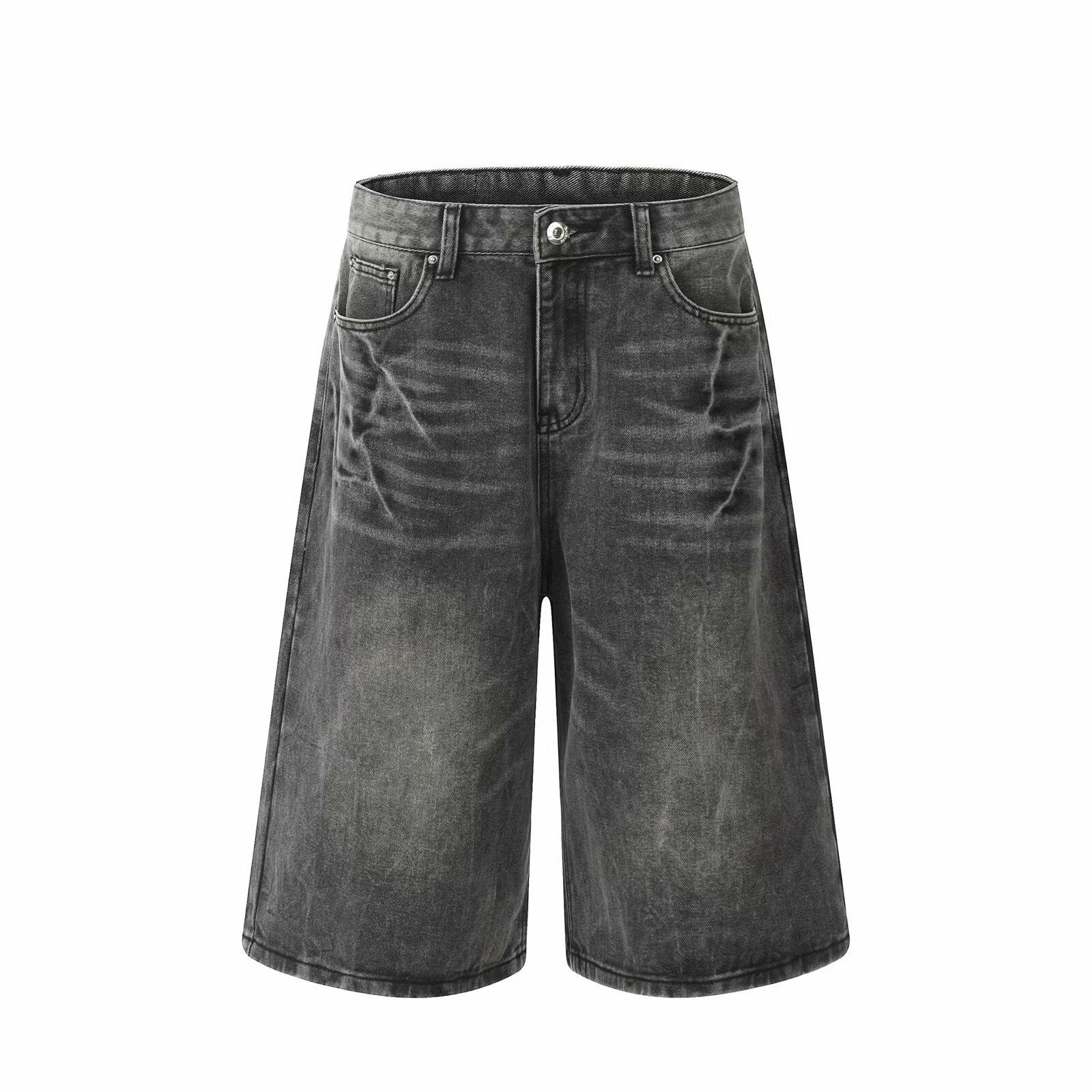 American style 7-point pants retro old lightning denim shorts men's loose straight wide-leg 7-point pants drape shorts