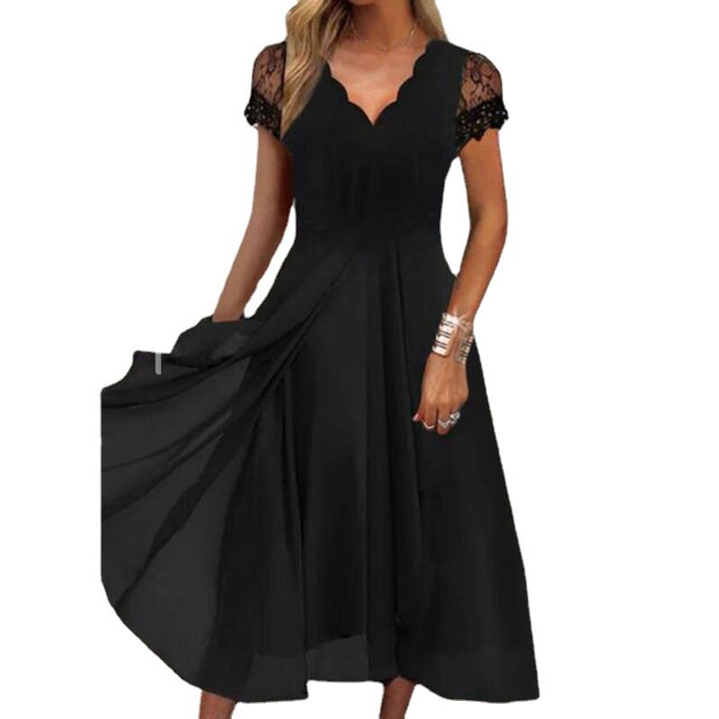 Chiffon Lace Overlay Long Dress with Ruffled Neckline for Evening Events and Bridesmaids Available in Black Sizes S to XXXL