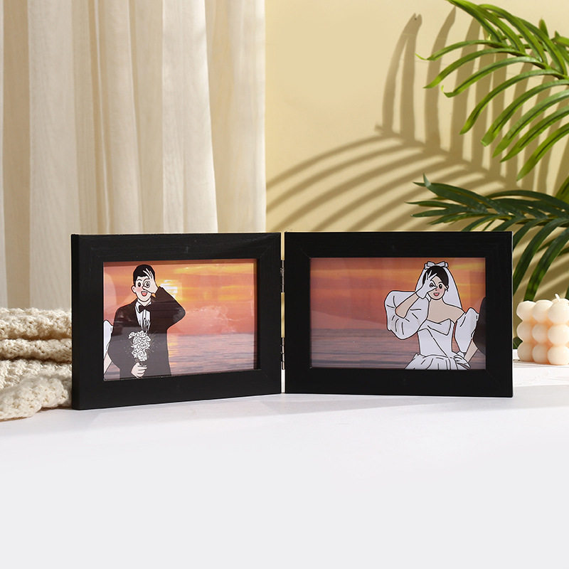 Simple Wooden Folding Two-Panel Horizontal Frame Creative Display Stand for Couple Photos 6inch Photo Studio Frame Decoration Wholesale