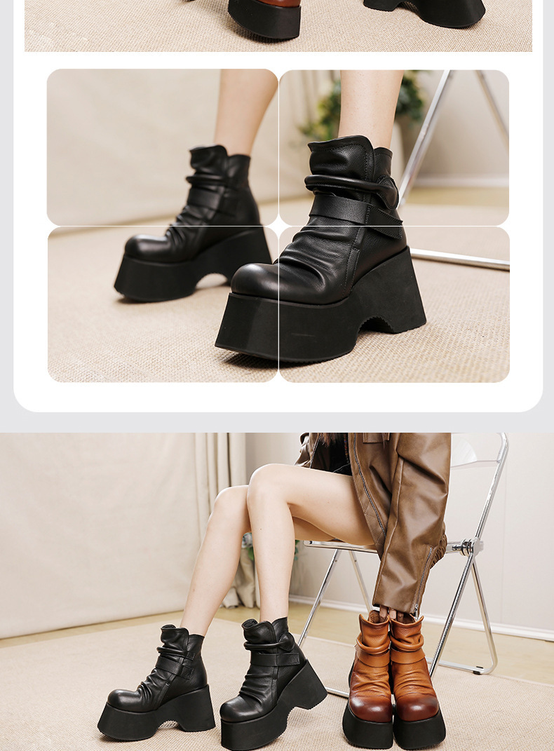 Boot nữ da thật đế dày 10cm gót xuôi mũi tròn dán quai — Màu đen, Màu đen lót nhung, Màu nâu, Màu nâu lót nhung