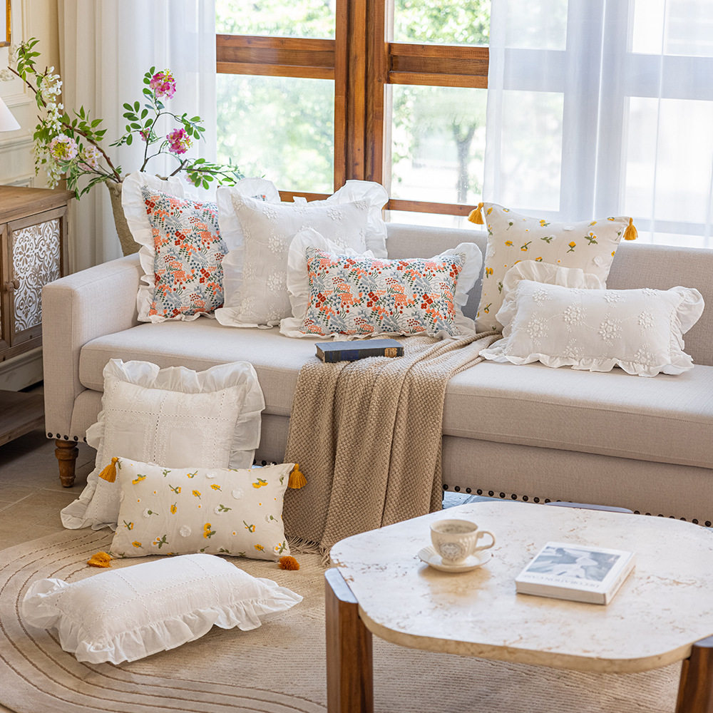 New French-Style Romantic Pastoral Ruffle Lace All-Cotton Embroidered Cushion Sofa Headboard Pillow Cover