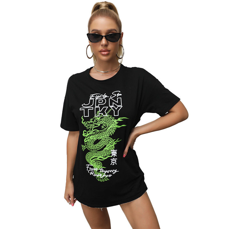 Loose Fit Black T Shirt Summer Floral Print Short Sleeve European and American Style Casual Wear Wholesale Available