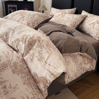 Class a Maternal and Infant-Grade Pure Cotton Raw Linen Four-Piece Set, Vintage Style, Thickened Autumn and Winter Version, Four-Piece Set, Three-Piece Set, Bed Sheet, Duvet Cover~