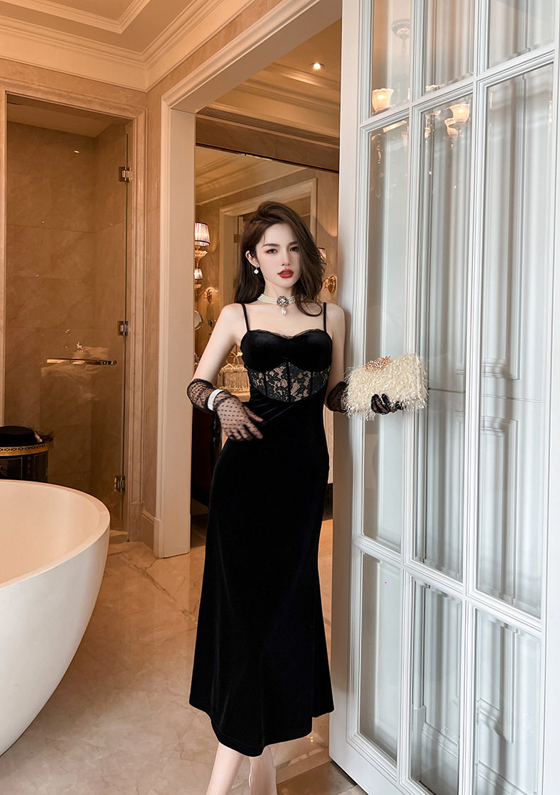 Đầm ôm body nữ nhung dáng đuôi cá cổ V không tay — [Đen] chi tiết 9
