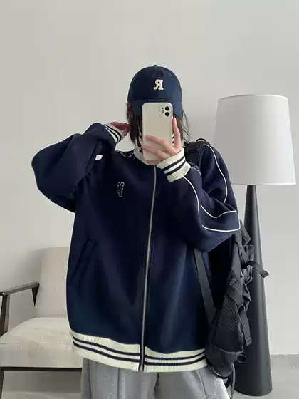 Relaxed Baseball Jacket for Women, Casual Cardigan with Stand Collar, Autumn and Winter Unisex Couple Style Jacket